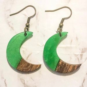Green Resin Wood Moon Dangle Earrings